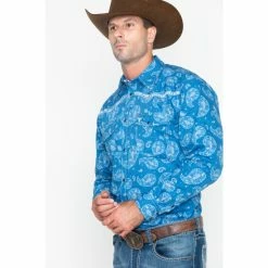 Budget 🌟 Cowboy Hardware Men's Paisley Print Long Sleeve 👕 Shirt Blue ⌛