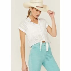 Country Outfitter Shop 31 Coupon 🎁 Wild Moss 👩 Women's Tie Front Shadow Plaid Button Front Blouse White 😀