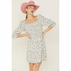 Country Outfitter Shop 33 Deals 🛒 Wild Moss 👩 Women's Floral Print Smocked Waist Long Sleeve 👗 Dress Blue 👍