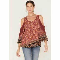Country Outfitter Shop 17 Top 10 🔔 Wild Moss 👩 Women's Floral Print Cold Shoulder Top Rust Copper 😍