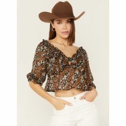 Country Outfitter Shop 9 Coupon 🔥 Wild Moss 👩 Women's Floral Print Tie-Front Peplum Crop Top Black 👏