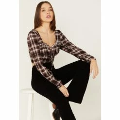 Country Outfitter Shop 7 Flash Sale 🥰 Wild Moss 👩 Women's Plaid Print Ruffle Tie Front Crop Top Rust Copper 🥰