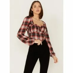 Country Outfitter Shop 5 Hot Sale 🎉 Wild Moss 👩 Women's Plaid Print Ruffle Tie Front Crop Top Brown ⌛